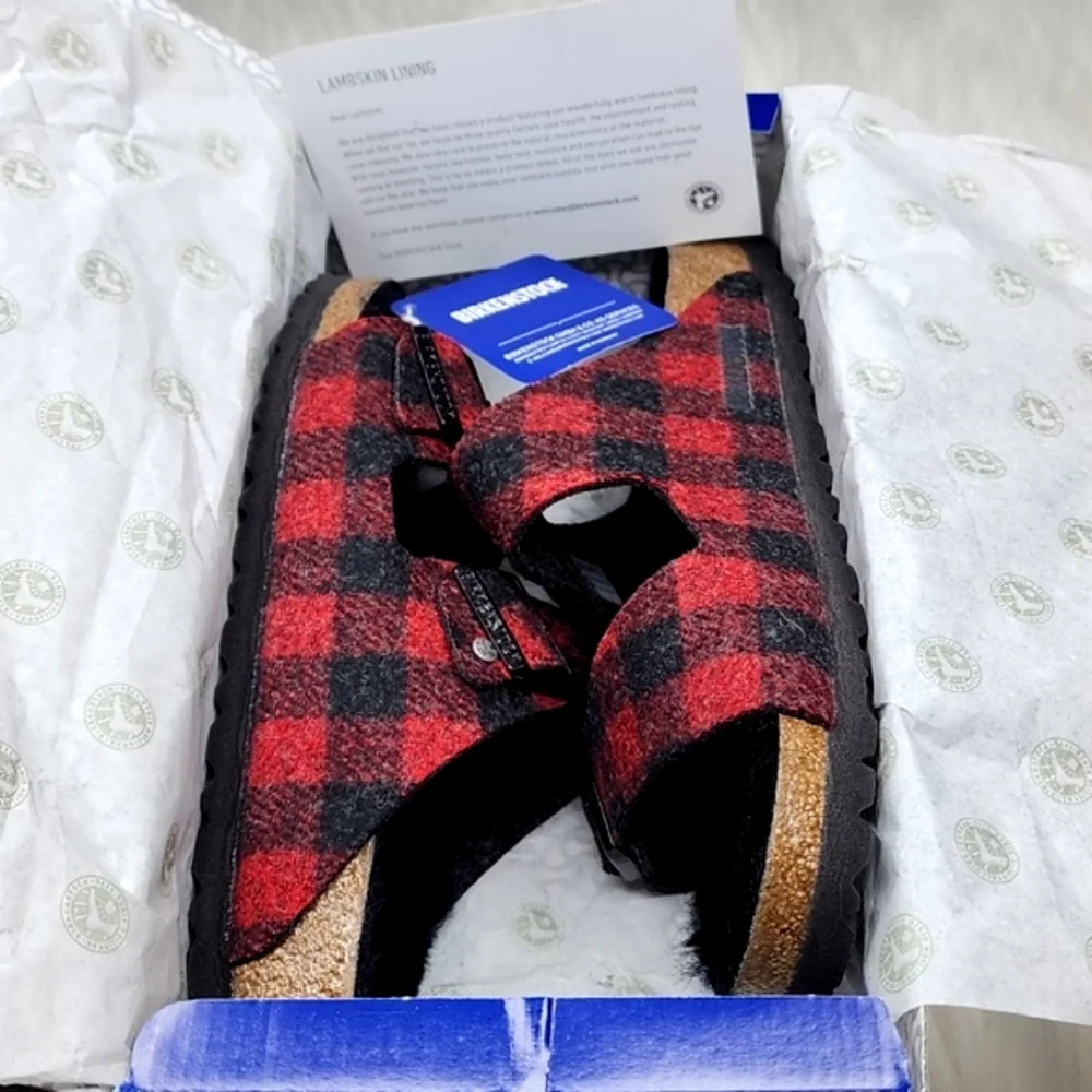 Birkenstock Arizona Wool Shearling Sandal Plaid Red
